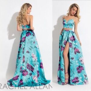 RACHEL ALLAN 3 PIECE BLUE FLORAL‎ PROM DRESS PAGEANT FORMAL GOWN RARE #6037